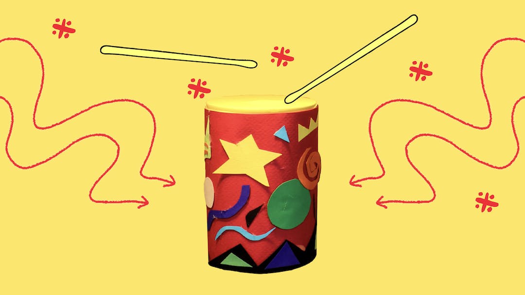 Illustrated drum sticks play atop a DIY drum made of a tin can decorated with colorful cut paper shapes; wavy arrows like sound waves point to the drum
