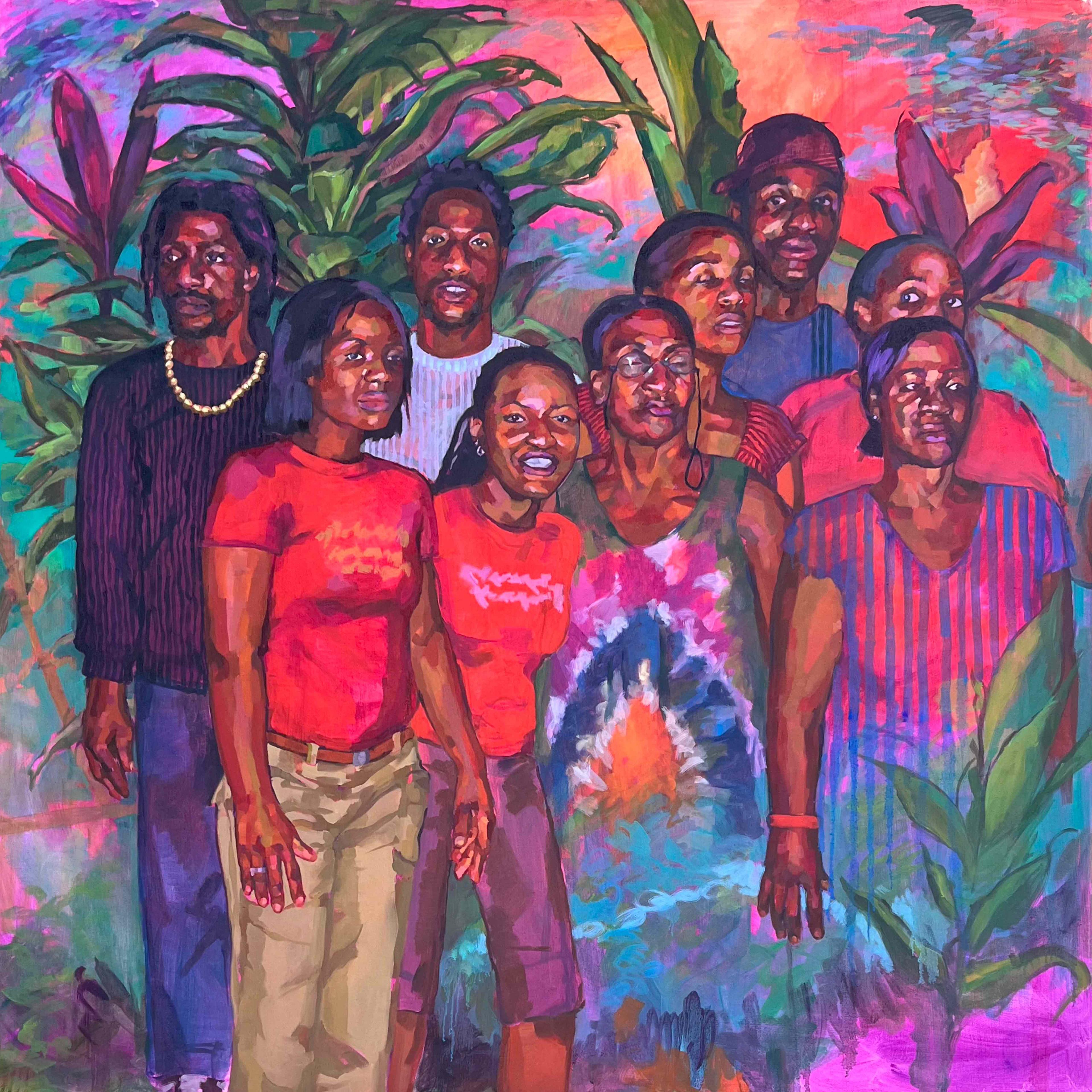 Artwork of nine people standing in front of colorful plants