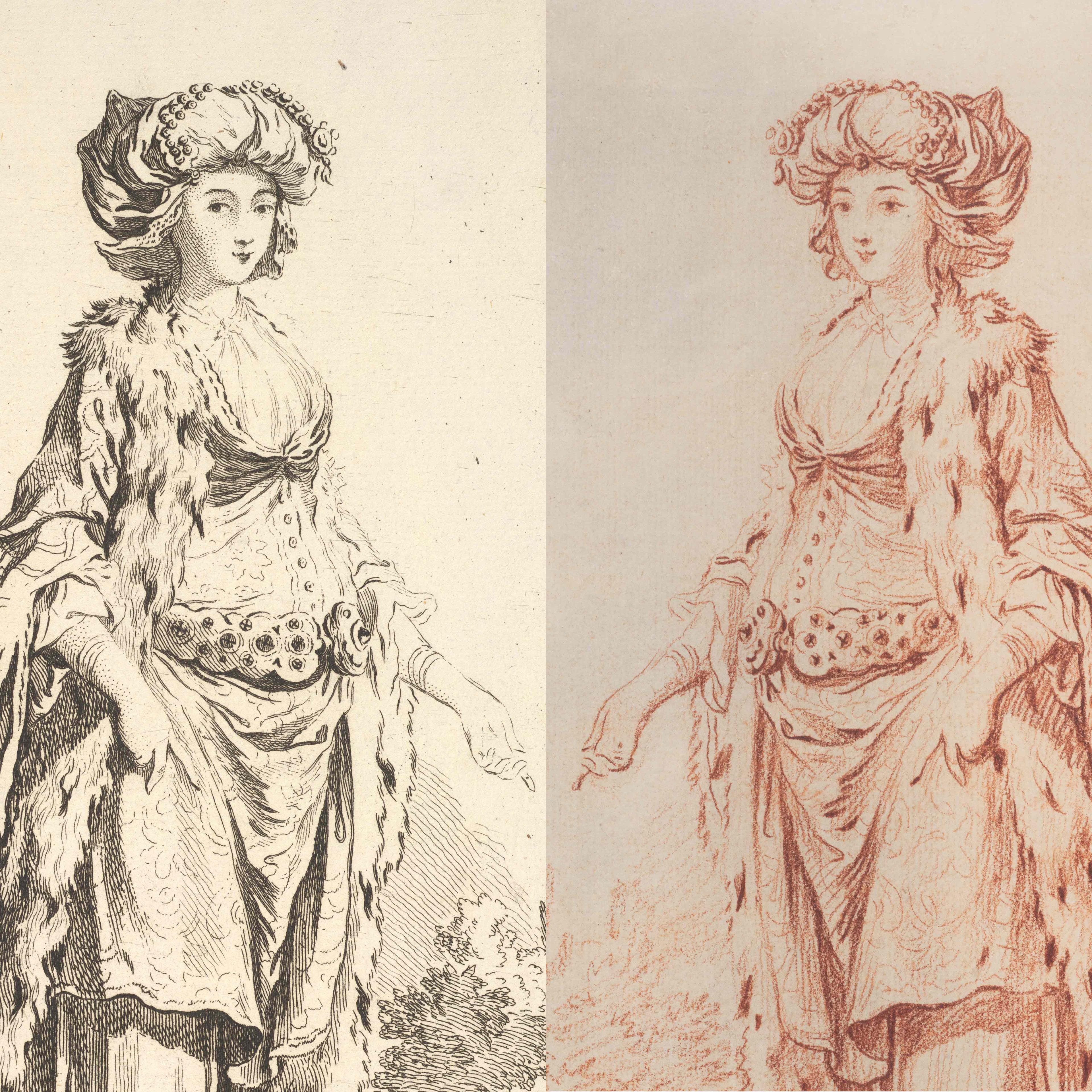 Composite image of two identical drawings of a woman with a large hat and her hands holding her billowing dress