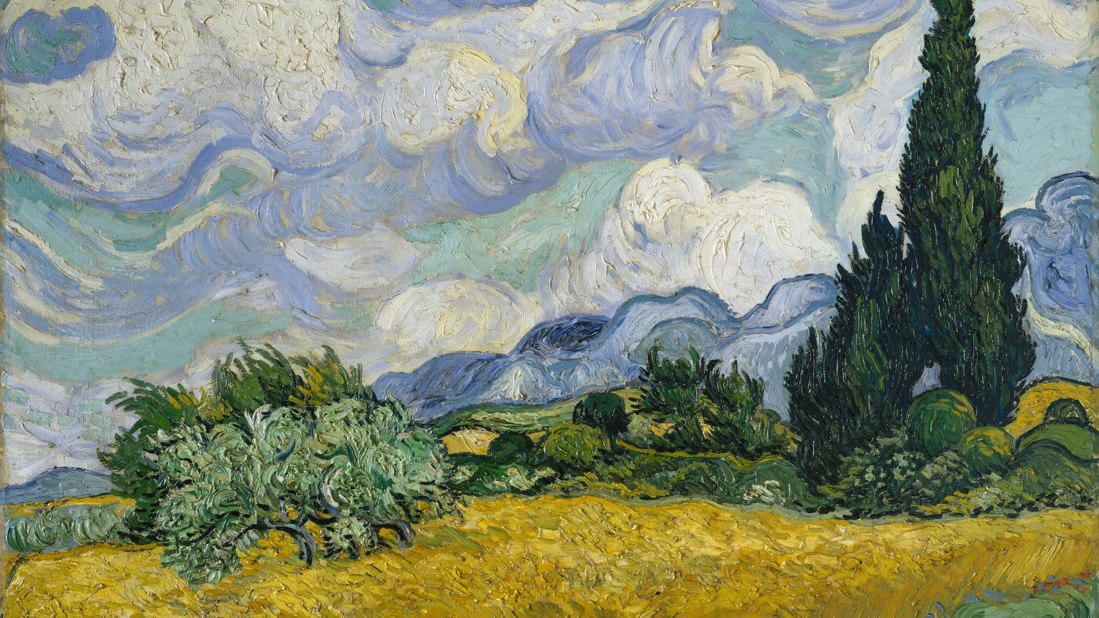 Van Gogh landscape painting with large white and blue clouds
