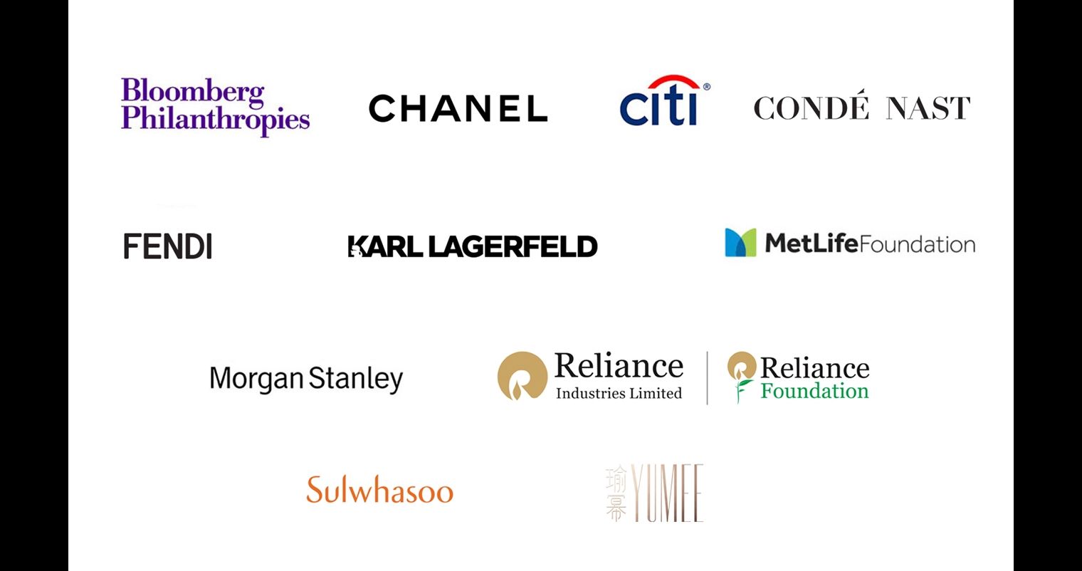 "Logos of corporate sponsors such as Bank of America, Bloomberg Philanthropies, Citi, Conde Nast, Louis Vuitton, MetLife Foundation, Morgan Stanley, and Reliance Foundation."