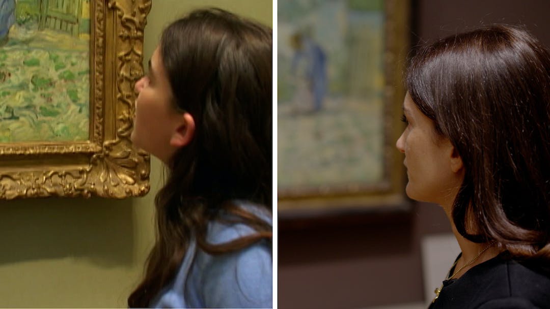 Split image of Emma Scully as a child and as an adult looking at Van Gogh paintings at The Met