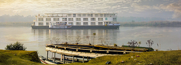 View of the Ganges Voyager cruise ship on the Kolkata River in India 