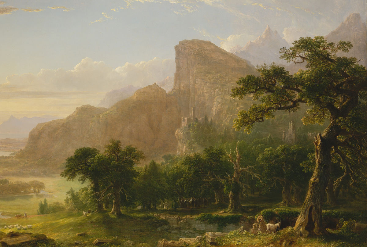 Painting of a landscape with mountains by Asher Brown Durant. Structures, including a church and a castle-like structure are visible in the middle distance. Gatherings of people and goats are also visible. A large tree dominates the right side of the composition. The image emphasizes the power of nature over humanity.