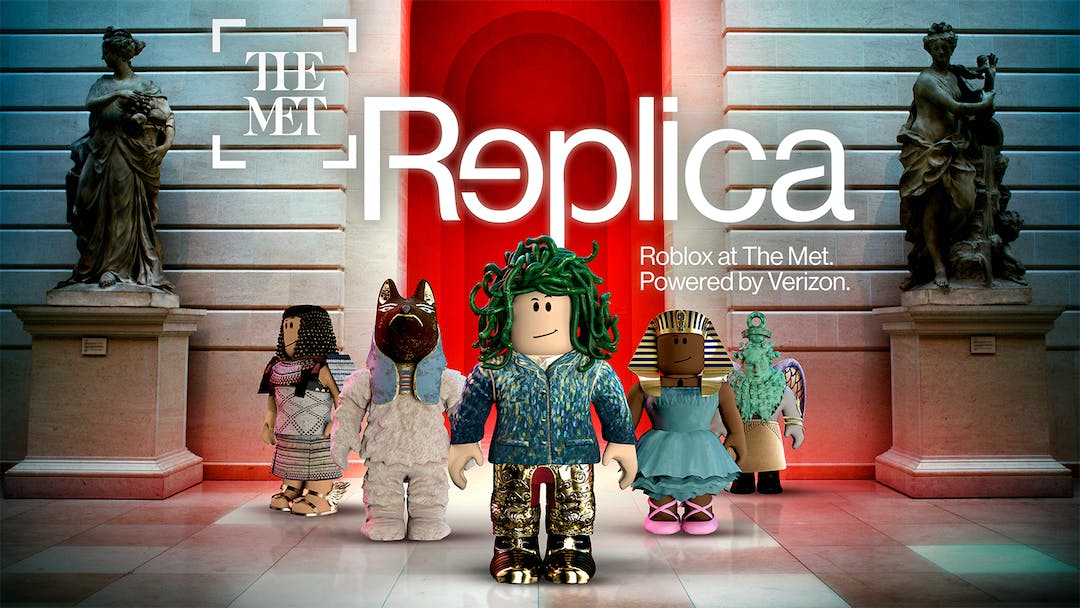 Animation of five Roblox characters standing in The Met in front of two sculptures with the words The Met Replica.